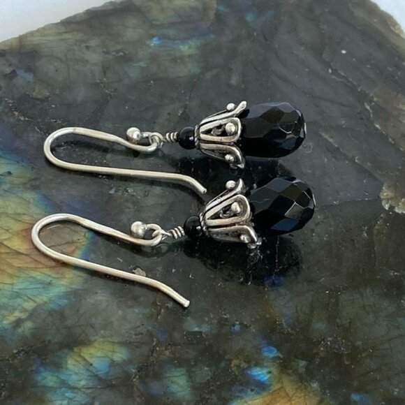 Sterling Silver 925 1.5" Checkerboard Faceted Black Glass Beaded Dangle Earrings - Picture 12 of 16
